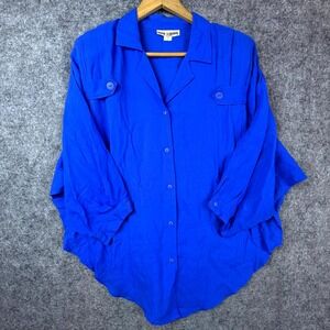 Vintage Rose‎ Garden Blouse Top Womens Large Blue Rayon Camp Collar Button Front